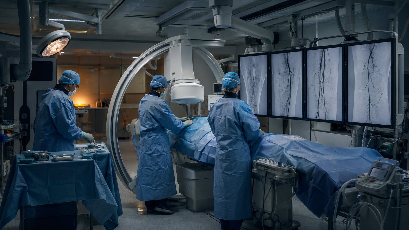 View from the foot of the operating table: a team in sterile gowns beneath the C-arm ring, a wall of monitors showing angiograms of the leg arteries