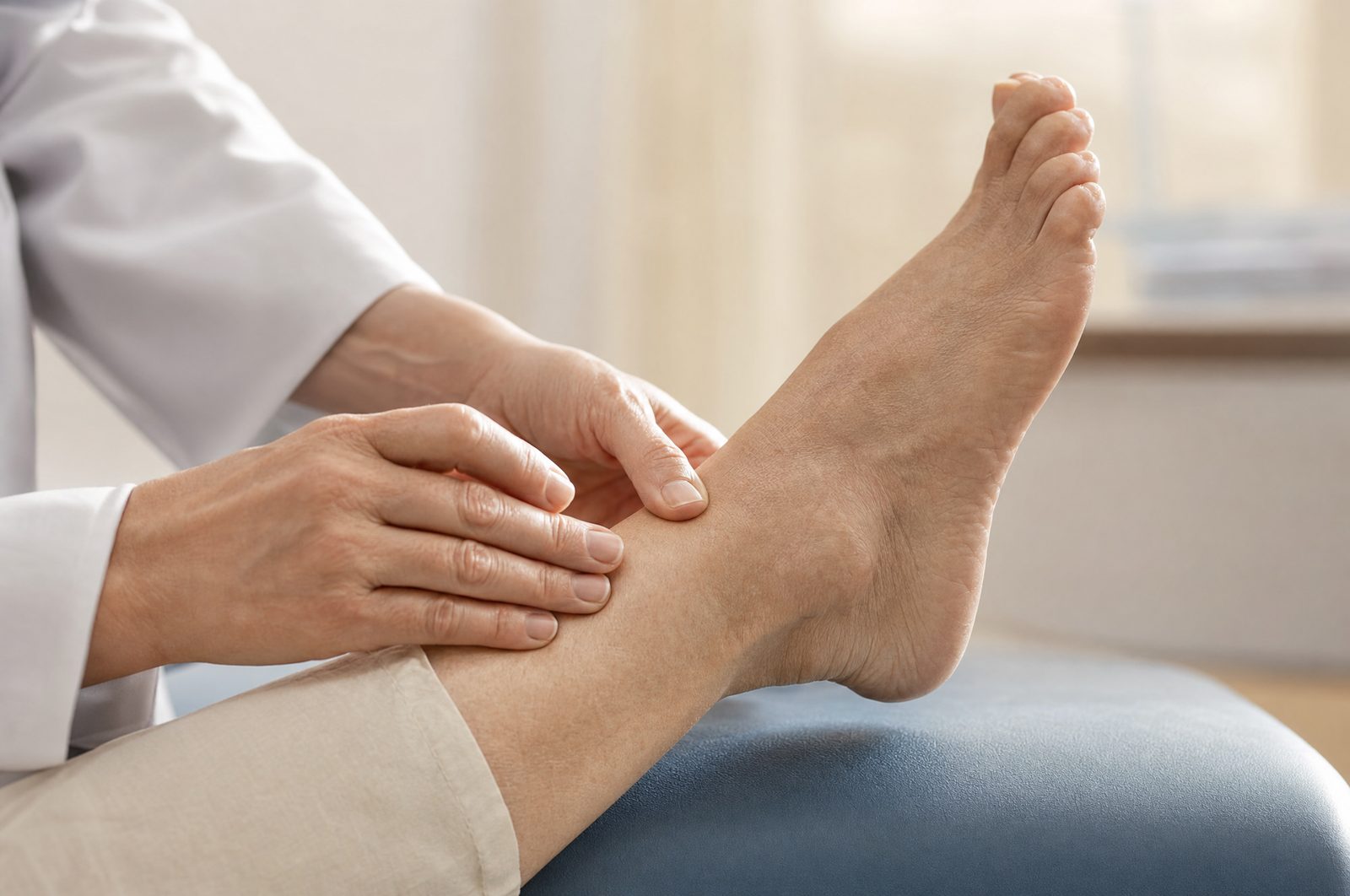 A doctor's hands feeling the pulse at a patient's ankle